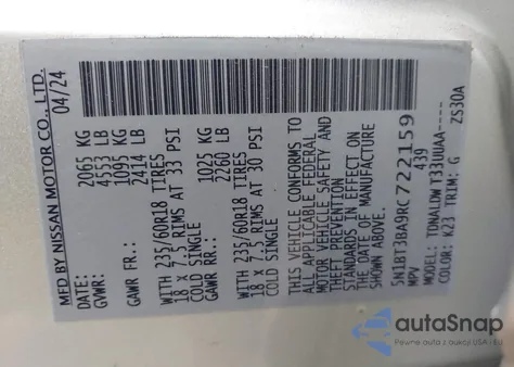 2024 Nissan Rogue Sv Fwd из США, поврежденный, VIN 5N1BT3BA9RC722159